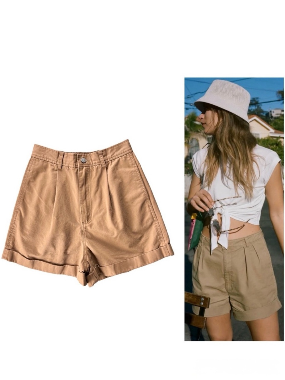 Moussy High Waisted Khaki Color Pleated Shorts